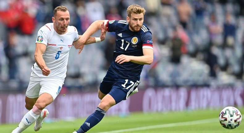 Scotland midfielder Stuart Armstrong (R) Creator: Paul ELLIS