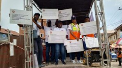 Mrs Funmilayo Bashua, Supervising Director , Yaba District Office of LASBCA (middle) leading a one day sensitisation/roadshow of  cluster 11 procession of cluster 11 compromising Mainland, Yaba, Bariga and Somolu Districts of the agency on Thursday in Lagos.