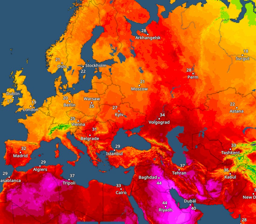 Mapa Evrope tokom toplotnog talasa