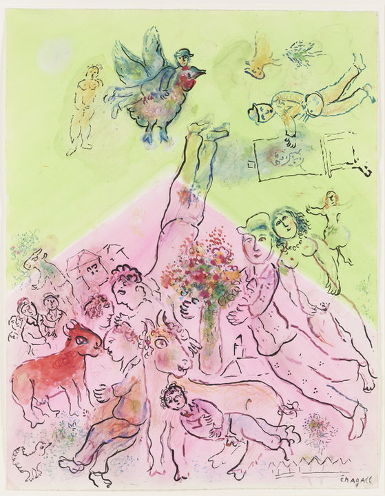Marc Chagall - "Scena fantastyczna na różowo-zielonym tle" (ok. 1978–80)