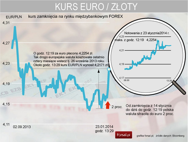 Złoty najsłabszy od czterech miesięcy. Kurs EURPLN od wrześnie 2013 r. do stycznia 2014 r.