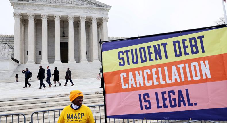 Student loan borrowers and advocates gather for the People's Rally To Cancel Student Debt During The Supreme Court Hearings On Student Debt Relief on February 28, 2023 in Washington, DC.Jemal Countess/Getty Images for People's Rally to Cancel Student Deb
