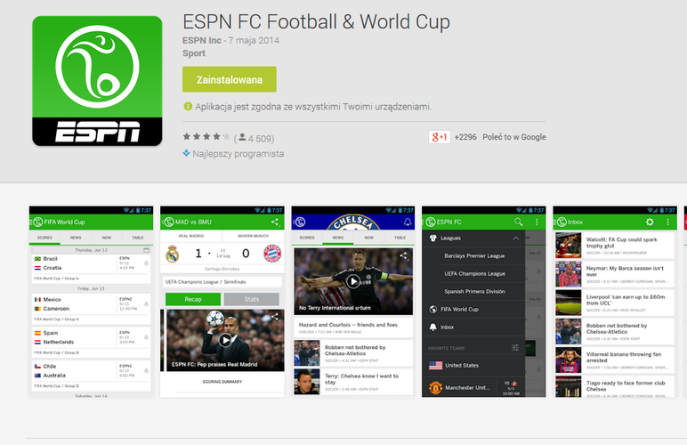 <b>ESPN Football</b>
<br><br>
Mobilna aplikacja stworzona przez jedną z najpopularniejszych stacji telewizyjnych na świecie przypomina nieco konkurencyjne One Football. Znajdziemy tu zarówno wiele informacji na temat Mundialu jak i aktualne statystyki. Dzięki powiadomieniom PUSH nie ominie nas żadna bramka zdobyta przez drużynę której kibicujemy.