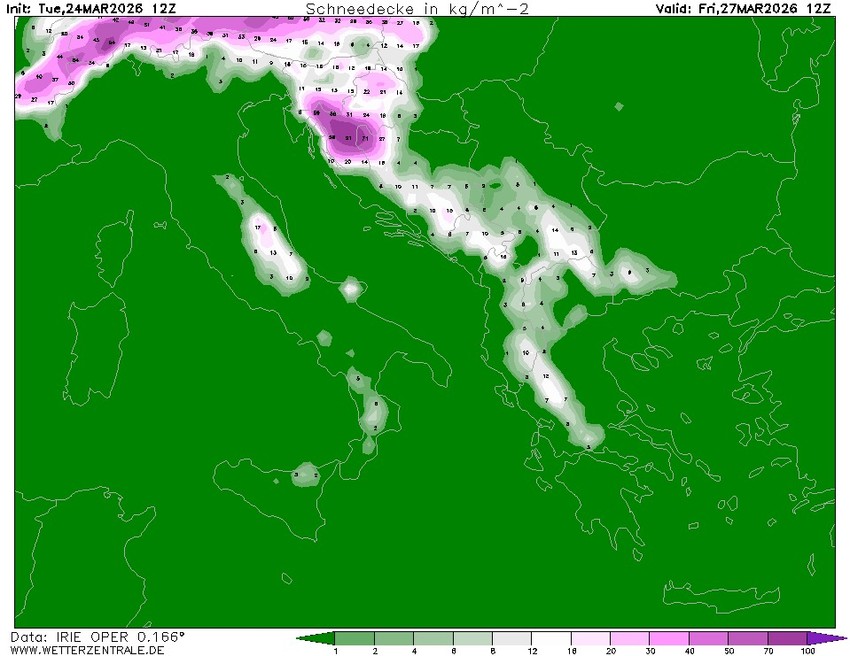 Mapa snežnih padavina za petak, 27. mart