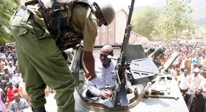 Deputy President William Ruto inside one of the tanks expected to be used in the operation to flush out cattle rustlers and criminals. 