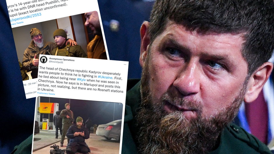 Ramzan Kadyrow twierdzi, że jest na wojnie w Ukrainie i zabrał na nią swojego 14-letniego syna (twitter.com/AricToler, twitter.com/AnonOpsSE)