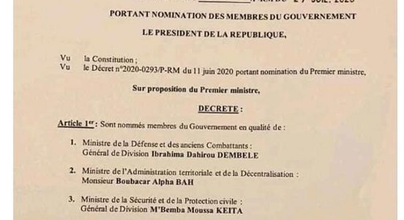 Mali : le Président Ibk nomme un gouvernement exceptionnel de 6 membres