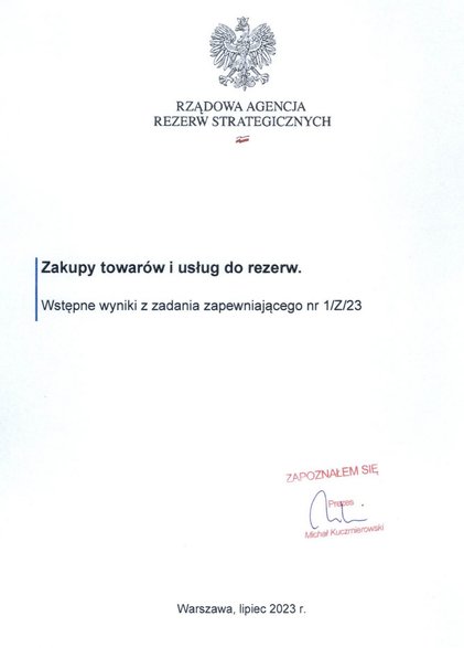 Audyt zakupów w Rządowej Agencji Rezerw Strategicznych z adnotacją, że zapoznał się z nim Michał Kuczmierowski