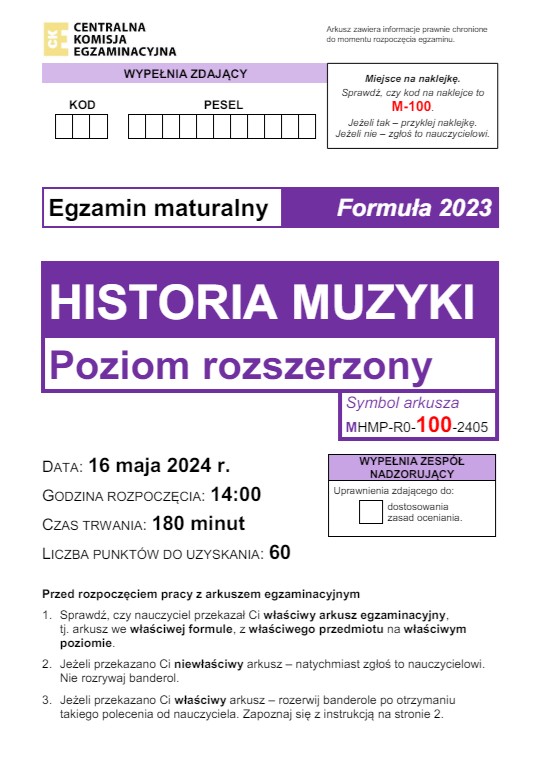 Matura 2024. Historia muzyki - poziom rozszerzony [ARKUSZE CKE]