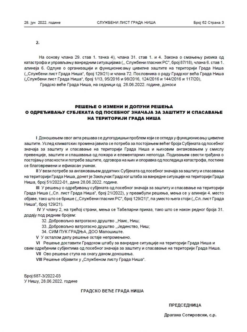 Rešenje Gradskog veća objavljeno u Službenom listz grada Niša
