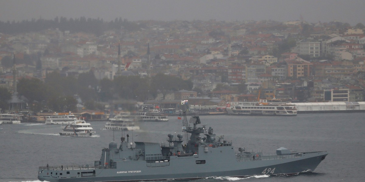 The Russian navy frigate Admiral Grigorovich in the Bosphorus on its way to the Mediterranean Sea, in Istanbul on November 4.