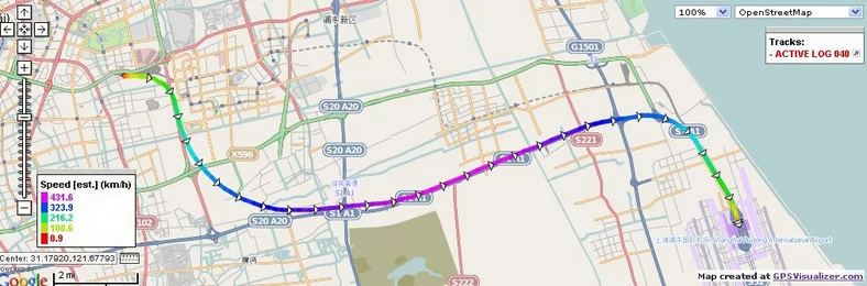 Mapka przejazdu pokazuje, w których miejscach Maglev jest najszybszy