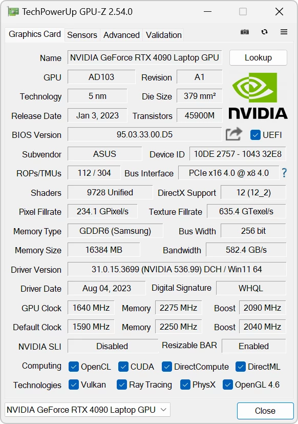 Asus ROG Strix SCAR 17 (G733PYV) – GPU-Z – specyfikacja układu Nvidia GeForce RTX 4090 Laptop GPU [175W]