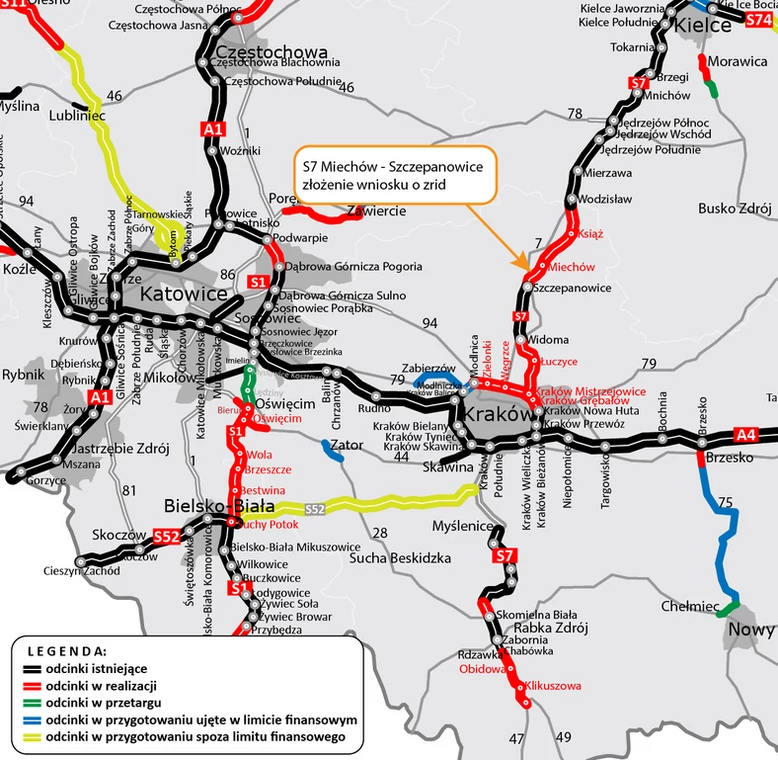 Mapa S7 Miechów - Szczepanowice