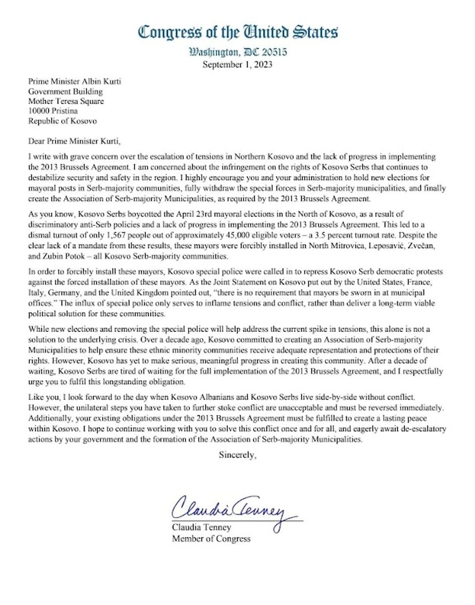 Pismo Klaudije Teni Aljbinu Kurtiju