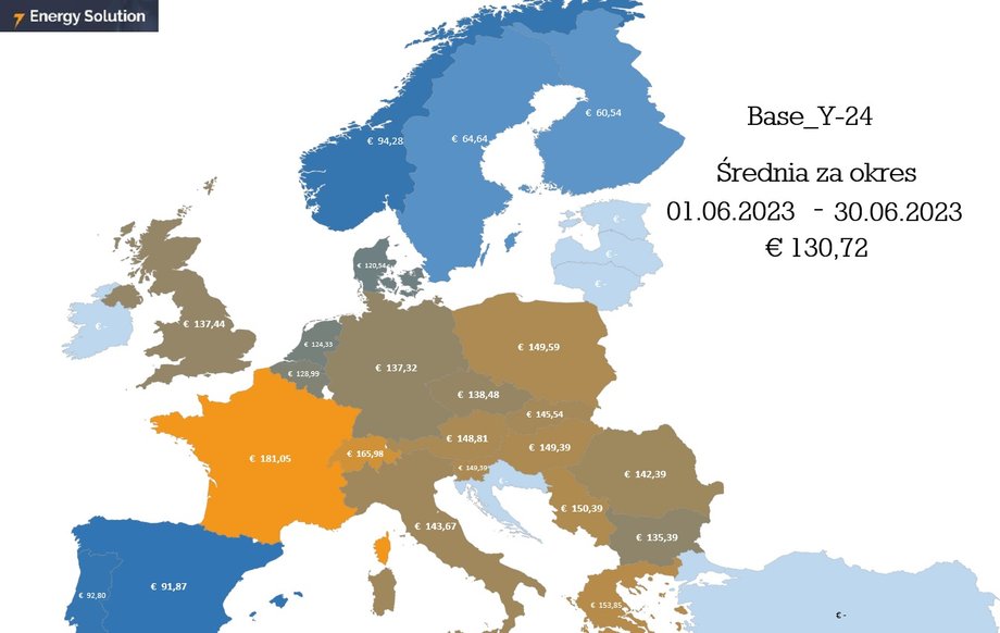 Średnia cena energii elektrycznej w kontraktach na 2024 r. w czerwcu 2023 r. (euro/MWh)