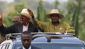 President Yoweri Museveni and wife Janet arrive in Kijaguzo for the birthday fete