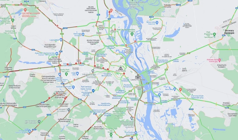 Aktualny ruch drogowy w Kijowie — niektóre ulice są całkowicie zablokowane