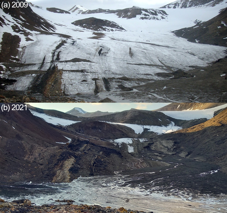 W starciu ze zmianami klimatu maluchy nie mają szans. Na zdjęciu porównanie lodowca Ferdinand leżącego nieopodal stacji polarnej UAM na Spitzbergenie w 2009 i 2021 r. 