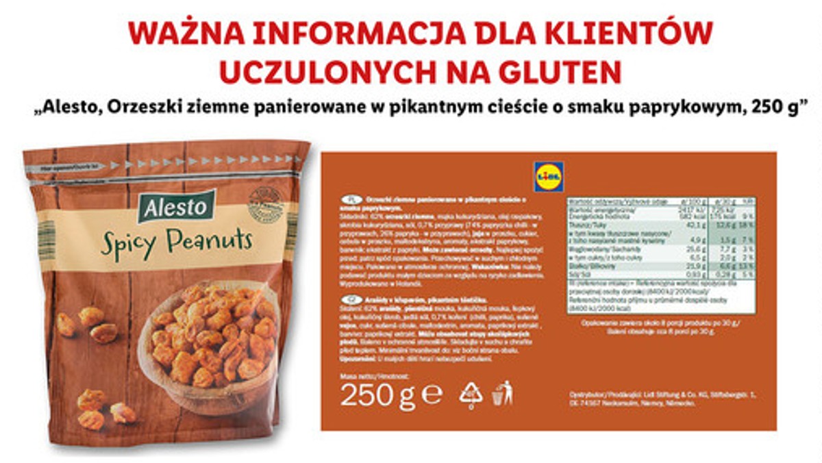 Sieć sklepów podjęła decyzję o wycofaniu produktu ze względu na zawartość alergenu. Chodzi mąkę pszenną, o której nie poinformowano na opakowaniu orzeszków ziemnych. Wycofany produkt można zwracać we wszystkich sklepach sieci Lidl.