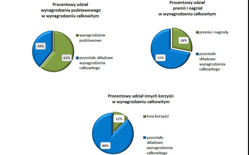 Analizy dotyczące struktury wynagrodzeń osób zasiadających w zarządach banków notowanych na GPW wskazują, że w 2014 roku płaca zasadnicza stanowiła 61 proc. całkowitego pakietu wynagrodzeń. Udział premii ukształtował się na poziomie 28 proc.. Natomiast inne korzyści stanowiły średnio 12 proc. całkowitego wynagrodzenia top menedżerów.
<br>
Z uwagi na rozbieżności w publikacji poszczególnych składowych wynagrodzeń przez banki, w analizach uwzględniono dane dla tych osób, dla których zostały podane poszczególne części ich wynagrodzenia.