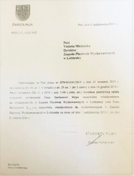 Pozytywna opinia starosty Komarowskiego dla Bernarda K.