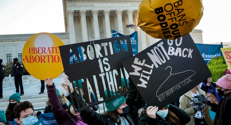 Protesters, demonstrators and activists gather in front of the U.S. Supreme Court as the justices hear arguments in Dobbs v. Jackson Women's Health, a case about a Mississippi law that bans most abortions after 15 weeks, on December 01, 2021.