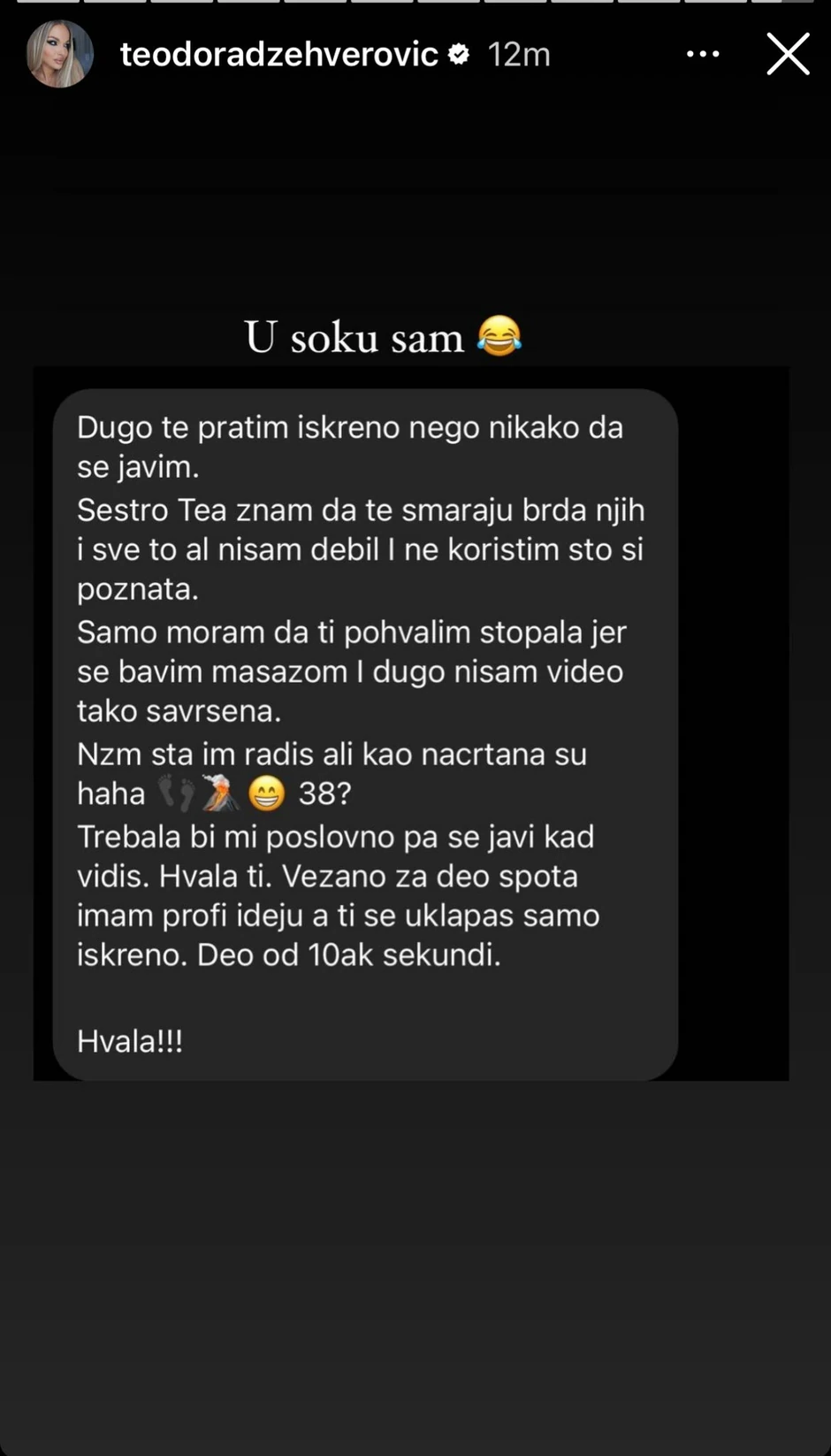 Teodora dobila šok poruku