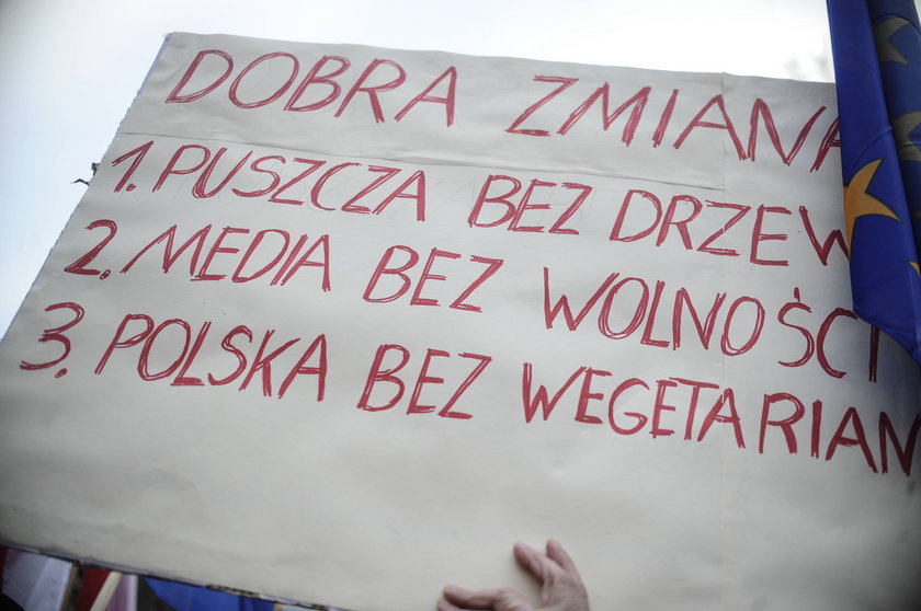 Ostre słowa na transparentach na manifestacji KOD