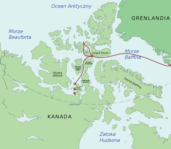 Mapa ostatniej ekspedycji Franklina. 1. postój w zatoce Disko, lipiec 1845. 2. zimowanie na wyspie Beechey, 1845/46 3. okręty uwięzione w lodzie, od 1846 4. wrak HMS Erebus, znaleziony w 2014. 5. wrak HMS Terror, znaleziony w 2016