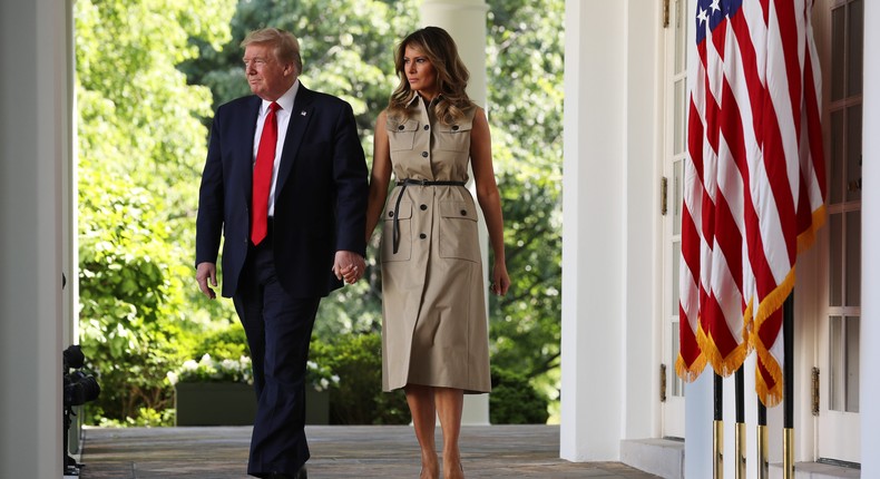 President Donald Trump and first lady Melania Trump walk into the Rose Garden of the White House for an event in May 2020.