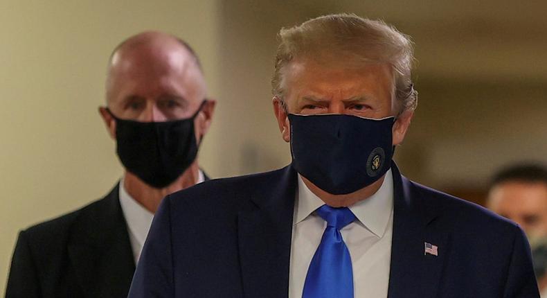 President Donald Trump wearing a mask while visiting Walter Reed National Military Medical Center in Bethesda, Maryland, July 11, 2020.