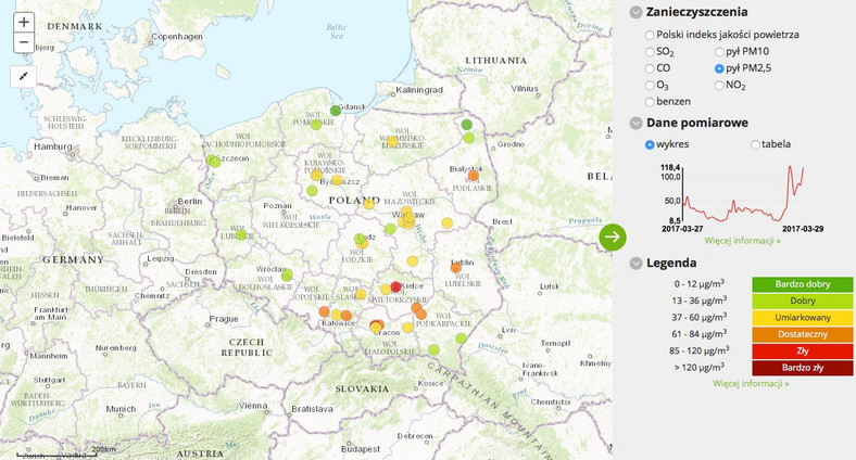 Stężenie pyłu PM2,5 - 2017-03-29 od godziny 04:00 do 05:00