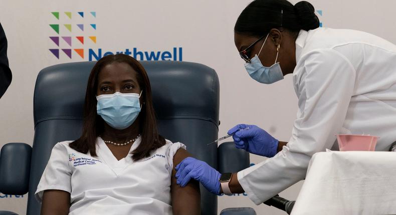 Sandra Lindsay receives the COVID-19 vaccine  in New Hyde Park, New York.