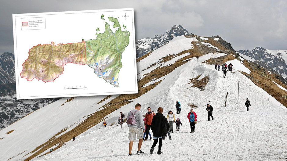 Mapa zamkniętego obszaru w Tatrach. W tle turyści podczas długiego weekendu w Tatrach
