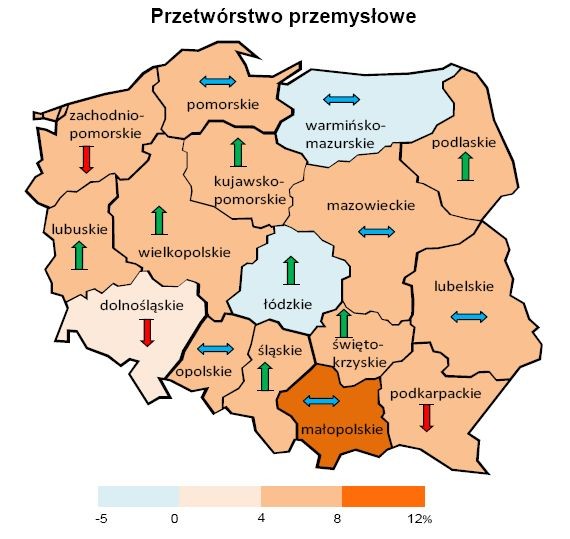 Ogólny klimat koniunktury według województw (dane wg siedziby przedsiębiorstwa) - przetwórstwo przemysłowe