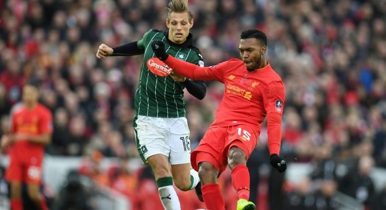 Liverpool's Daniel Sturridge (right) in action against Plymouth Argyle during their English FA Cup third-round match at Anfield, on January 8, 2017
