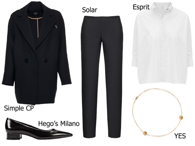 Płaszcz Simple CP: 999,90 pln Spodnie Solar: 279 pln Koszula Esprit: wzór Buty Hego’s Milano: 449 pln Naszyjnik YES: 799 pln