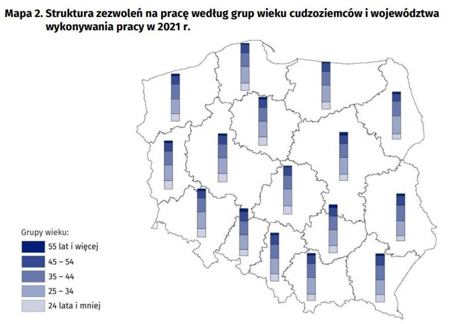 Struktura zezwoleń na pracę według grup wieku cudzoziemców i województwa i wykonywania pracy w 2021 r.