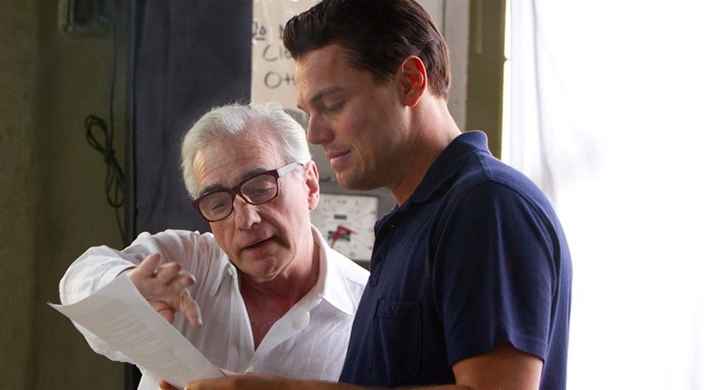 (L-R) Martin Scorsese and Leonardo DiCaprio on the set of The Wolf of Wall Street.