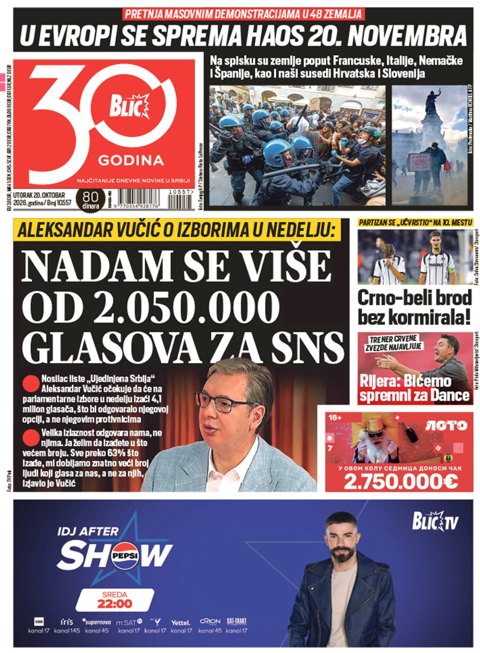 Blic naslovna strana za 20.10.