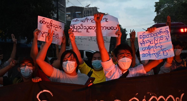 Protesters take part in a demonstration against the military coup in Yangon, Myanmar on November 10, 2021.