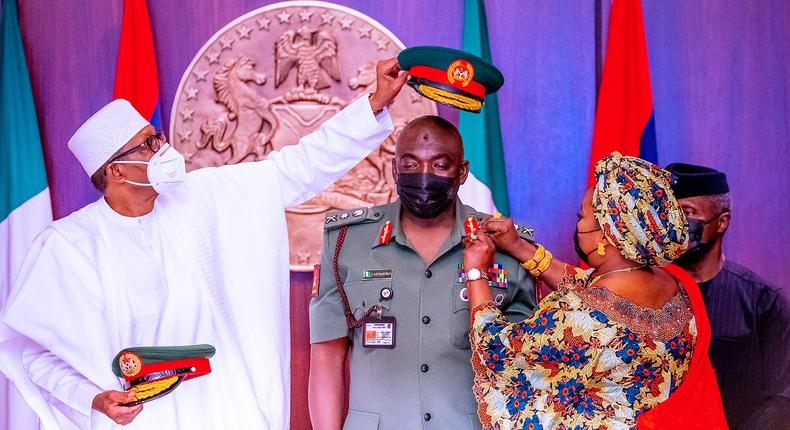 President Muhammadu Buhari decorates Chief of Army Staff, Lieutenant General Ibrahim Attahiru [Presidency]