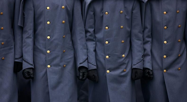 Army cadets march on to the field before the 121st Army-Navy game, in West Point, New York, December 12, 2020.