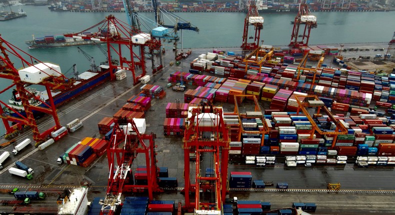 A cargo ship being loaded with containers at the harbour in Keelung, Taiwan.