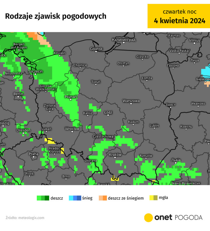 W nocy im dalej na zachód oraz południe, tym więcej chmur oraz opadów deszczu