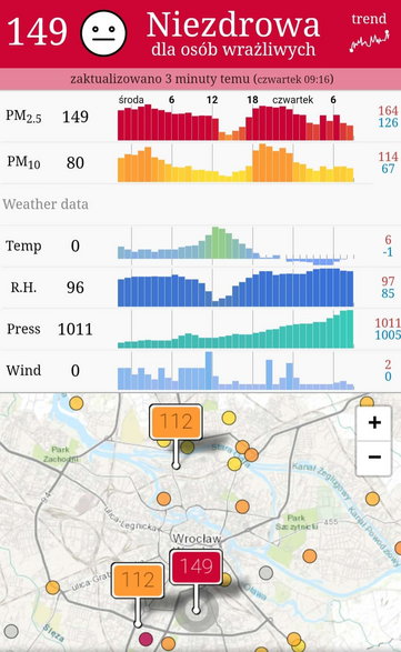 Jakość powietrza we Wrocławiu na dzień 24.11.22 r. rano