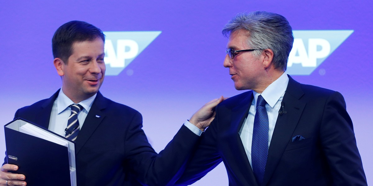 SAP SE CEO Bill McDermott (R) and CFO Luka Mucic attend the company's annual results press conference in Walldorf, Germany.