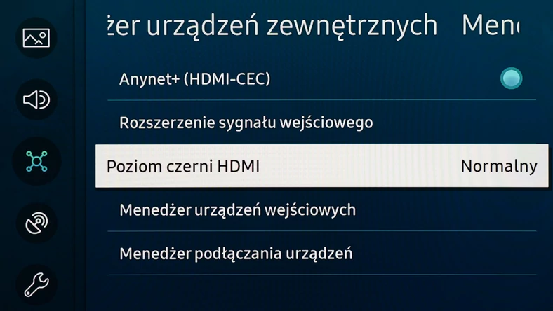 Opcja Poziom czerni HDMI powinna być ustawiona na Normalny lub Pełny, aby telewizor podłączony do PC lub laptopa wyświetlał prawidłowo ciemniejsze barwy.