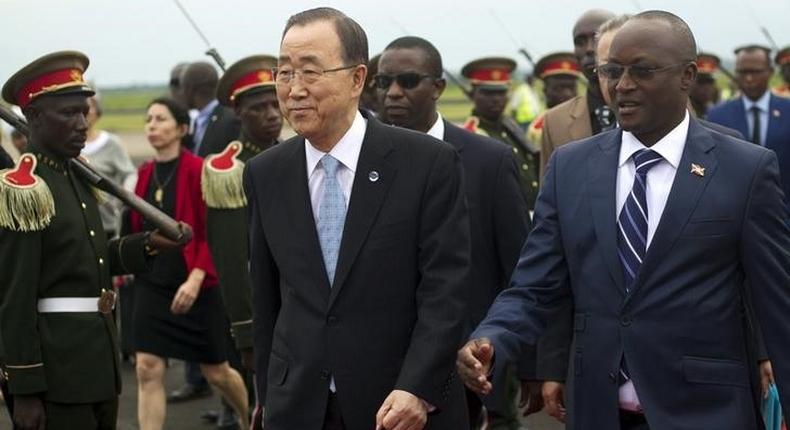 United Nations Secretary-General Ban Ki-moon (L) is escorted on arrival with Burundi's Vice President Gaston Sindimwo at Bujumbura Airport February 22, 2016. Picture taken February 22, 2016. REUTERS/Evrard Ngendakumana